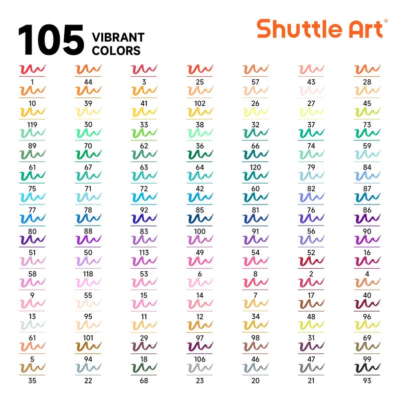 Shuttle Art Dual Tip Brush Marker Pens, 105 Colors Fine and Brush Tip Markers Set in Portable Case with 1 Coloring Book for Kids, Water-based Ink Adult Artist Coloring Calligraphy Journal Doodling - Image 2